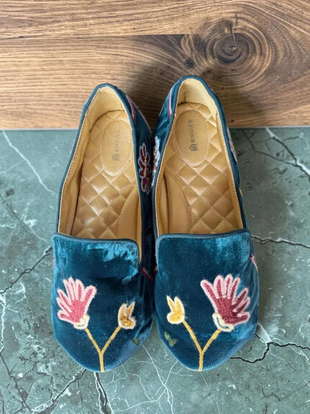 Birdies Starling Embroidered Flat Blue Flat Velvet W 11 Teal Blue Flora Velvet - Picture 6 of 16